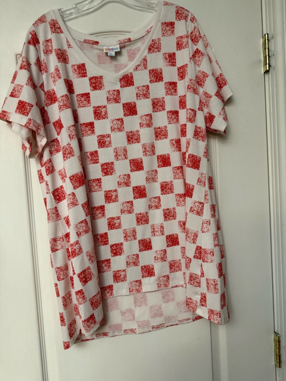 LuLaRoe White Top with Red Check Motif